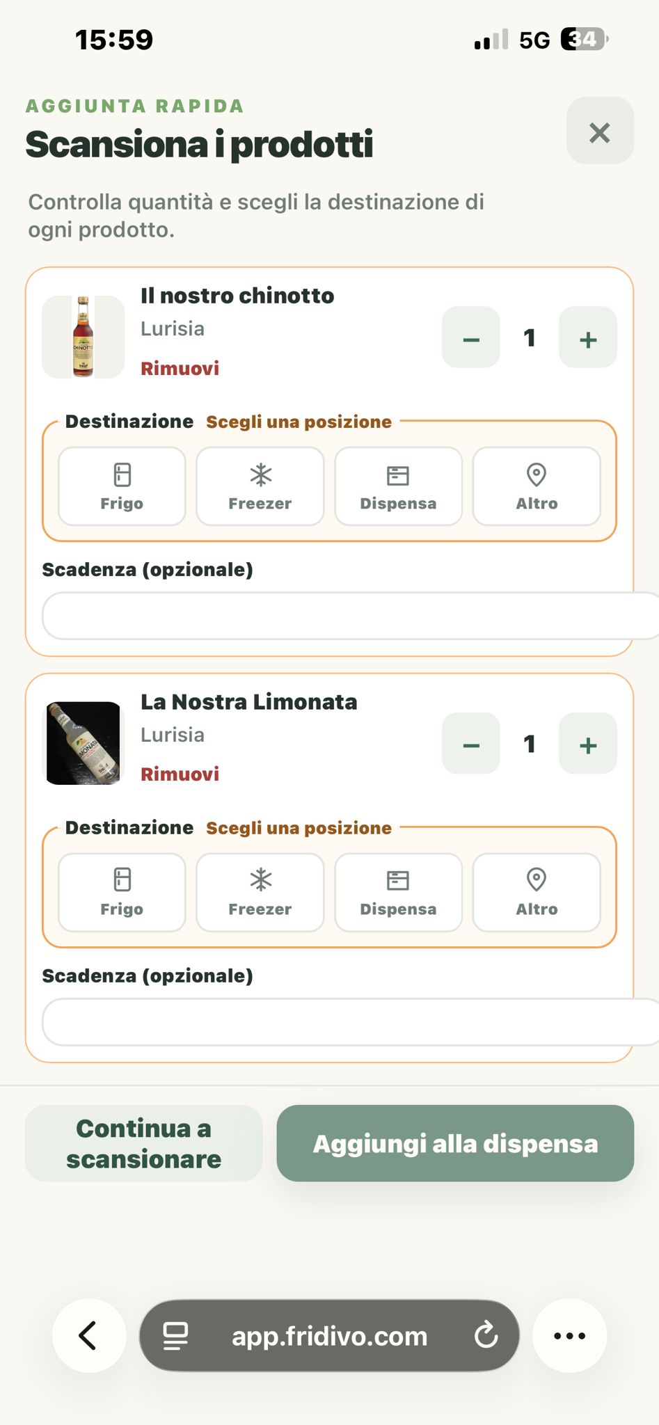 Schermata di Fridivo per aggiungere prodotti alla dispensa